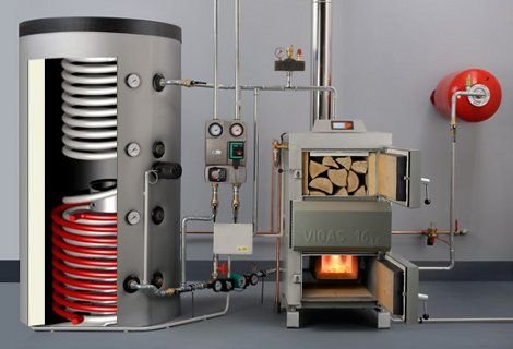 Planta de agua caliente central con calderas y acumuladores